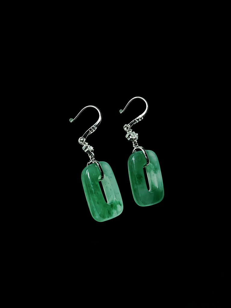Natural Green Jadeite Earrings - Grade A Burmese Jade Geometric Square Drop Earrings, Modern Minimalist Fine Jewelry for Women