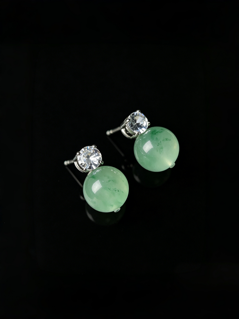 Natural Green Jadeite Linear Drop Earrings - Grade A Burmese Jade Round Bead Dangle Earrings, Luxury Diamond Halo Fine Jewelry for Women
