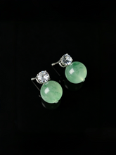 Load image into Gallery viewer, Natural Green Jadeite Linear Drop Earrings - Grade A Burmese Jade Round Bead Dangle Earrings, Luxury Diamond Halo Fine Jewelry for Women