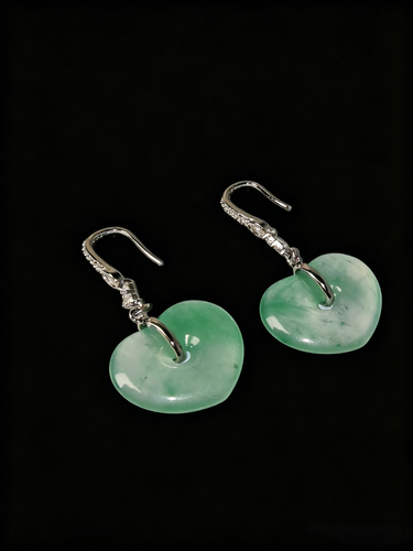 Natural Green Jadeite Heart Earrings - Grade A Burmese Jade Romantic Heart Drop Earrings, Luxury Whimsical Fine Jewelry for Her