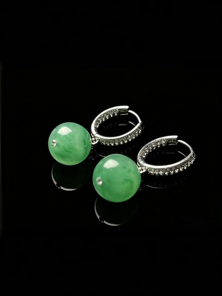 Natural Ice Green Jadeite Bead Earrings - Grade A Burmese Jade Round Drop Earrings, Luxury Fine Jewelry Gift for Women