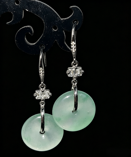 Natural Green Jadeite Earrings - Grade A Burmese Jade Ping'An Kou Safety Donut Drop Earrings for Women, Anniversary Gift