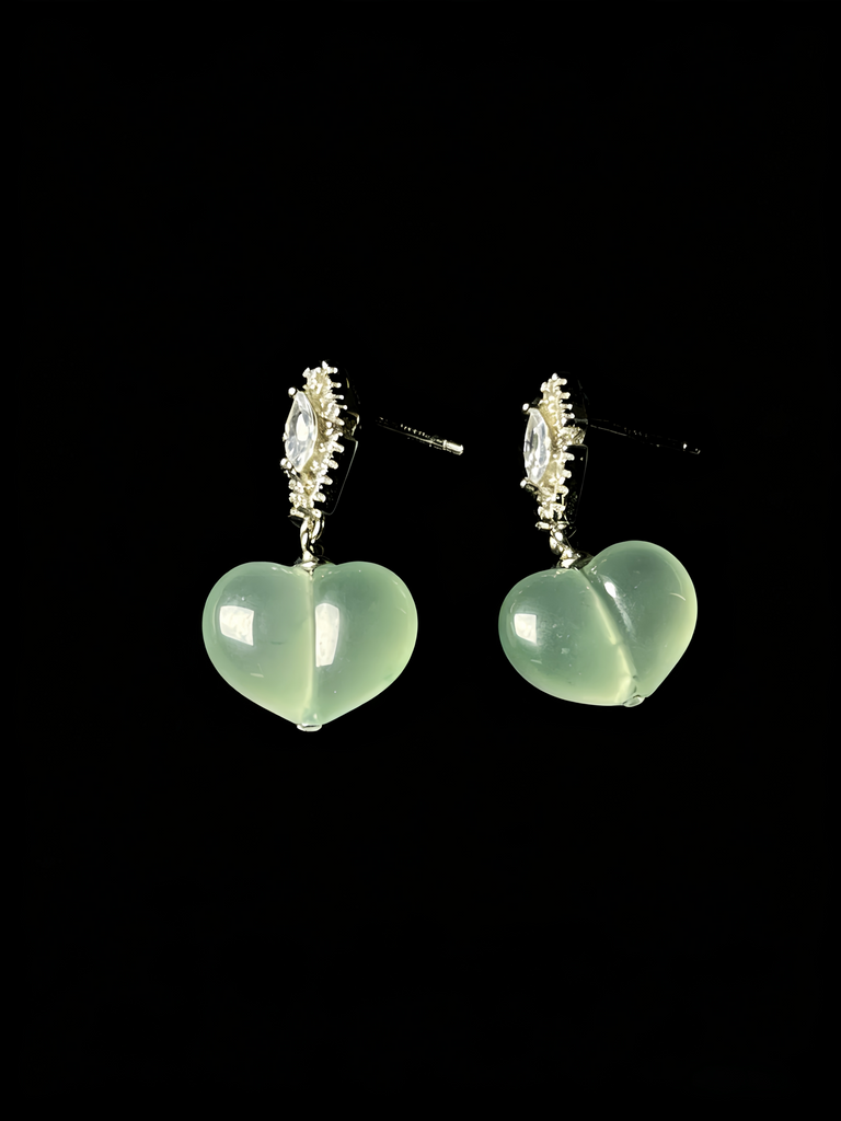 Natural Green Jadeite Peach Earrings - Grade A Burmese Jade Plump Peach Drop Earrings, Cute Luxury Whimsical Fine Jewelry