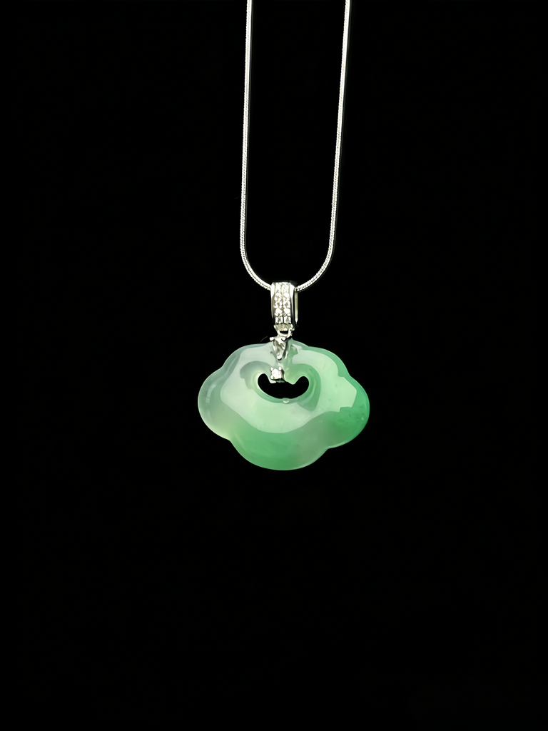 Natural Green Jadeite Auspicious Cloud Pendant - Grade A Burmese Jade Lucky Cloud Necklace, Luxury Ruyi Knot Fine Jewelry for Women