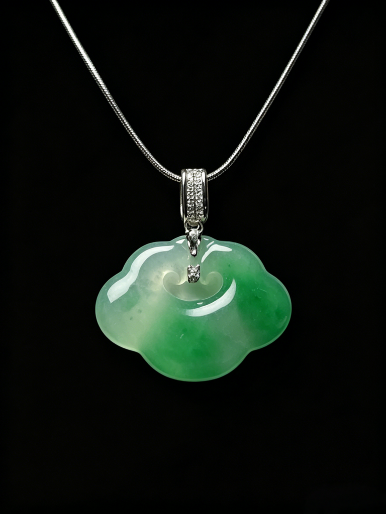 Natural Green Jadeite Auspicious Cloud Pendant - Grade A Burmese Jade Lucky Cloud Necklace, Luxury Ruyi Knot Fine Jewelry for Women