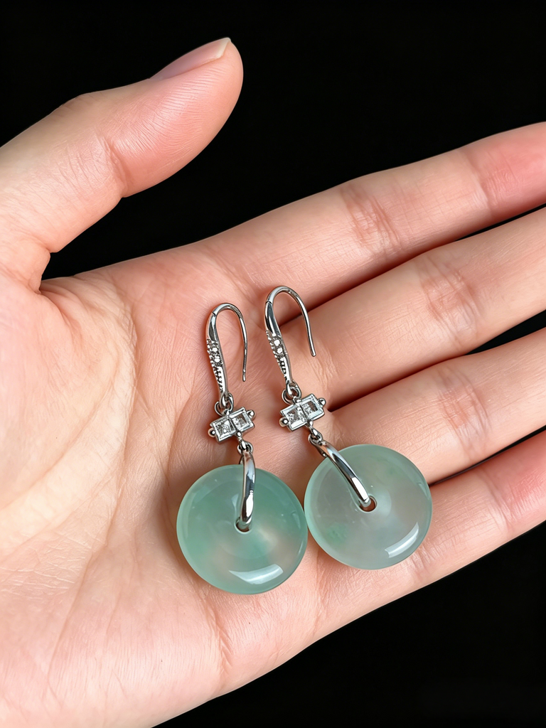 Natural Green Jadeite Earrings - Grade A Burmese Jade Ping'An Kou Safety Donut Drop Earrings for Women, Anniversary Gift