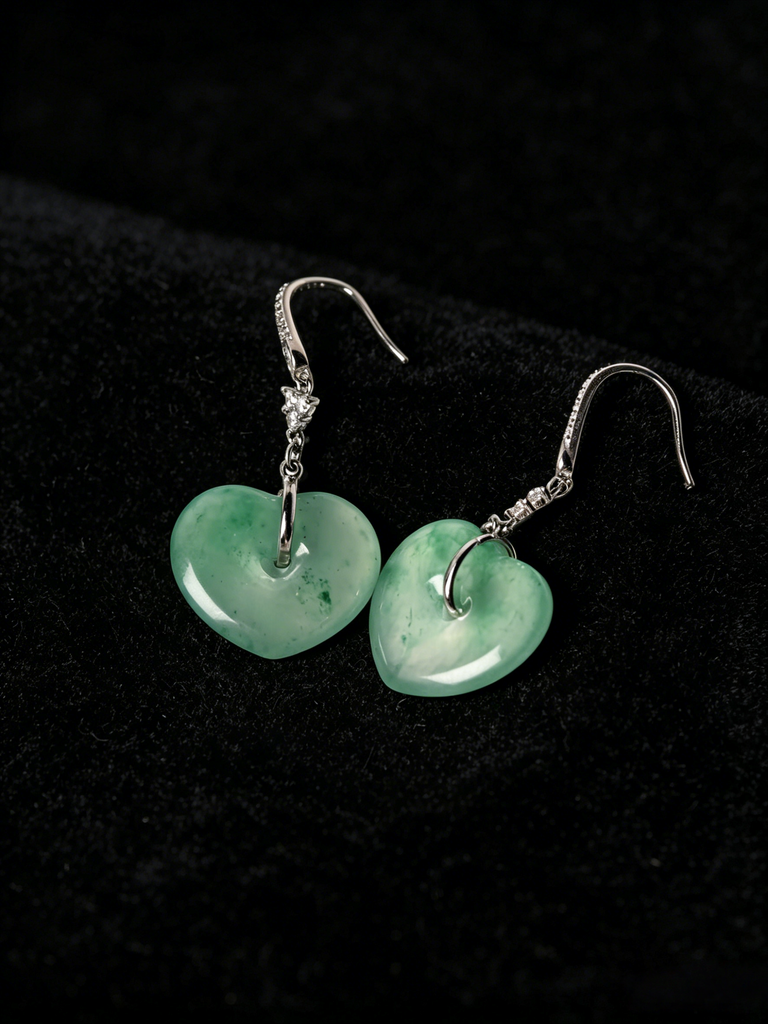 Natural Green Jadeite Heart Earrings - Grade A Burmese Jade Romantic Heart Drop Earrings, Luxury Whimsical Fine Jewelry for Her