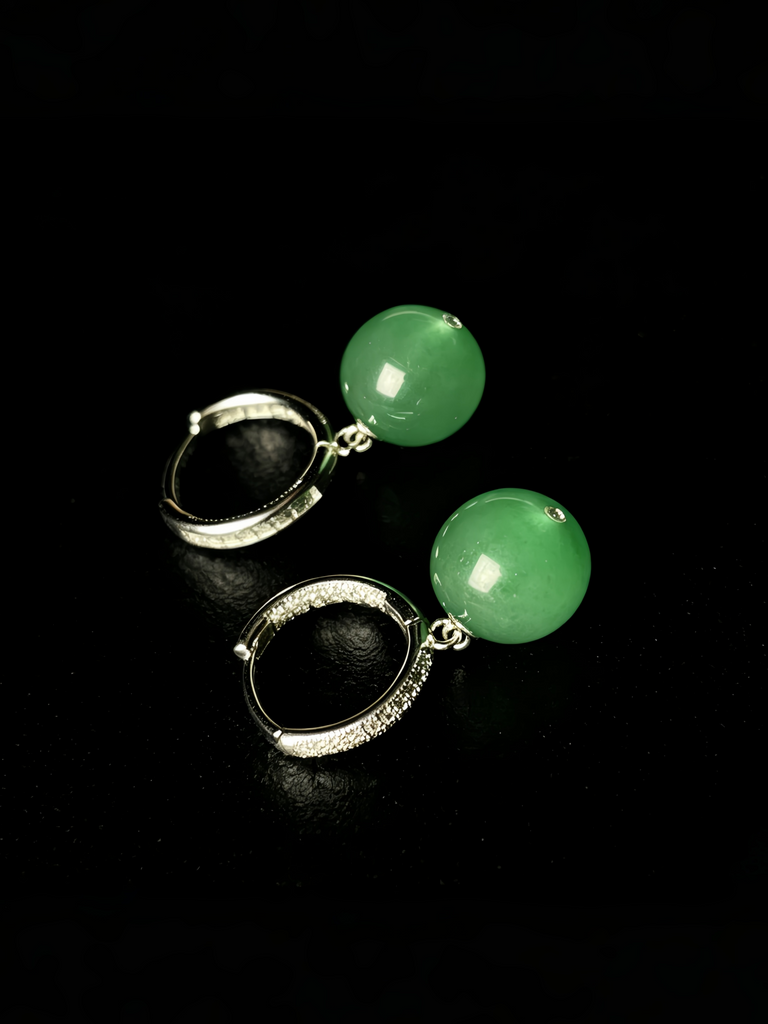 Natural Ice Green Jadeite Bead Earrings - Grade A Burmese Jade Round Drop Earrings, Luxury Fine Jewelry Gift for Women