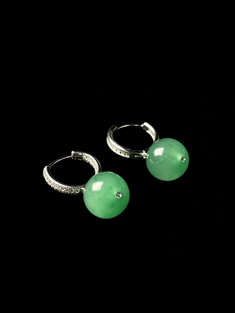 Natural Ice Green Jadeite Bead Earrings - Grade A Burmese Jade Round Drop Earrings, Luxury Fine Jewelry Gift for Women