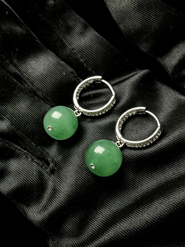 Natural Ice Green Jadeite Bead Earrings - Grade A Burmese Jade Round Drop Earrings, Luxury Fine Jewelry Gift for Women