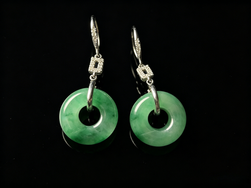 Vibrant Green Jadeite Earrings - Grade A Burmese Jade Ping'An Kou Safety Donut Drop Earrings, Luxury Jewelry Gift for Her