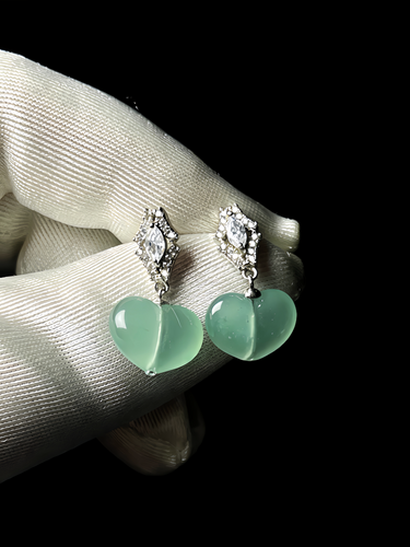 Natural Green Jadeite Peach Earrings - Grade A Burmese Jade Plump Peach Drop Earrings, Cute Luxury Whimsical Fine Jewelry