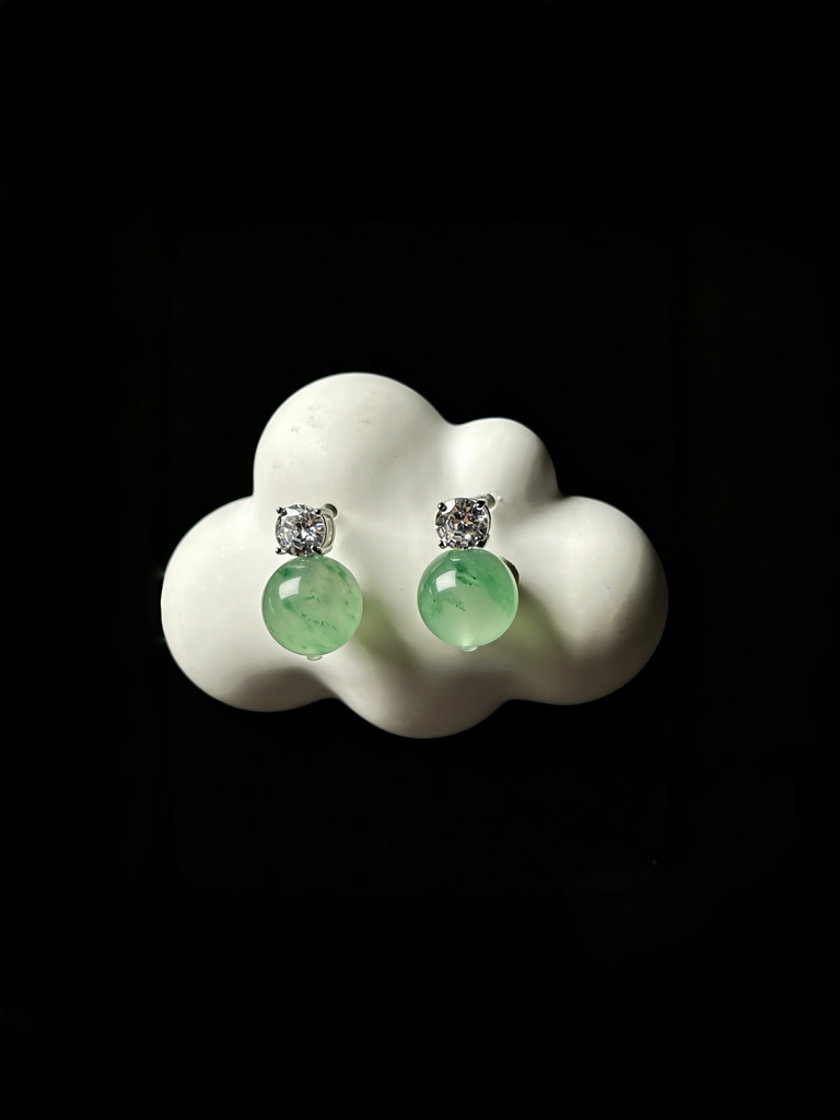 Natural Green Jadeite Linear Drop Earrings - Grade A Burmese Jade Round Bead Dangle Earrings, Luxury Diamond Halo Fine Jewelry for Women