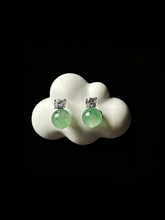 Load image into Gallery viewer, Natural Green Jadeite Linear Drop Earrings - Grade A Burmese Jade Round Bead Dangle Earrings, Luxury Diamond Halo Fine Jewelry for Women