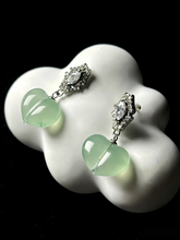 Load image into Gallery viewer, Natural Green Jadeite Peach Earrings - Grade A Burmese Jade Plump Peach Drop Earrings, Cute Luxury Whimsical Fine Jewelry