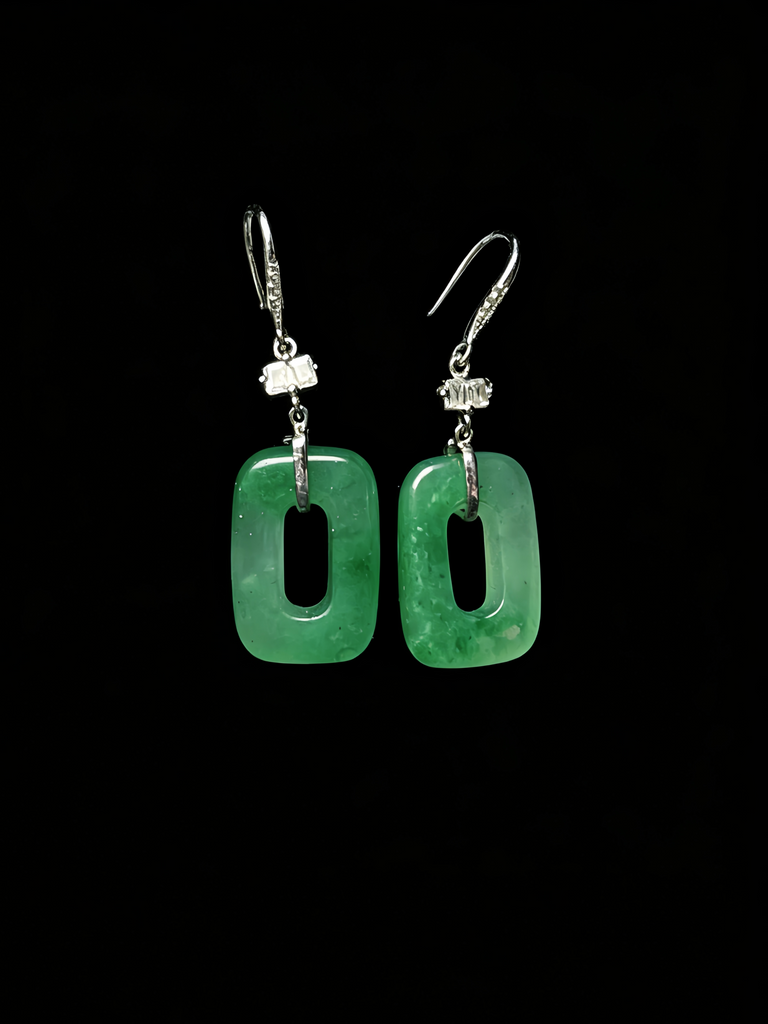 Natural Green Jadeite Earrings - Grade A Burmese Jade Geometric Square Drop Earrings, Modern Minimalist Fine Jewelry for Women