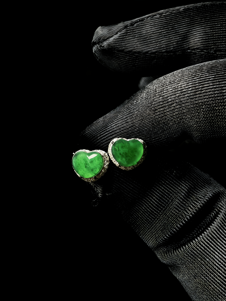Natural Carved Jadeite Heart Earrings - Grade A Burmese Jade Heart-Shaped Dangle Earrings, Luxury Bow Romantic Fine Jewelry for Women