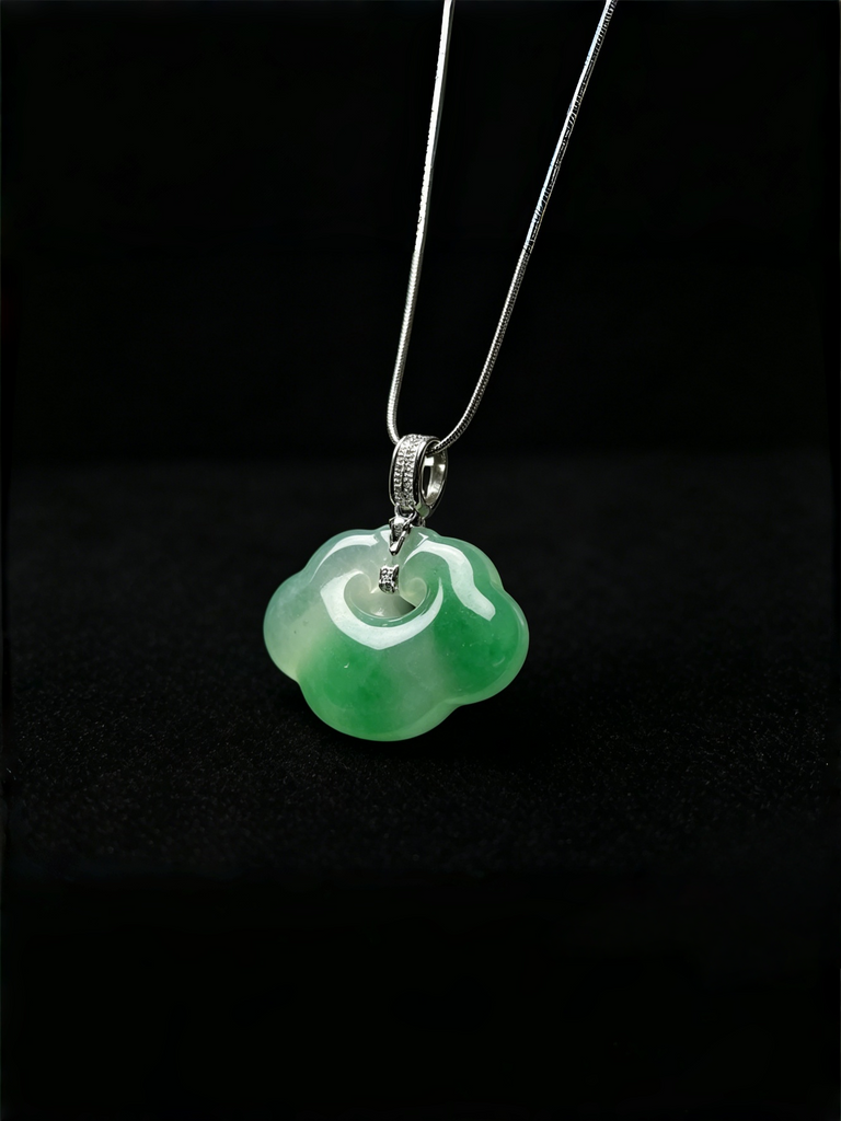 Natural Green Jadeite Auspicious Cloud Pendant - Grade A Burmese Jade Lucky Cloud Necklace, Luxury Ruyi Knot Fine Jewelry for Women