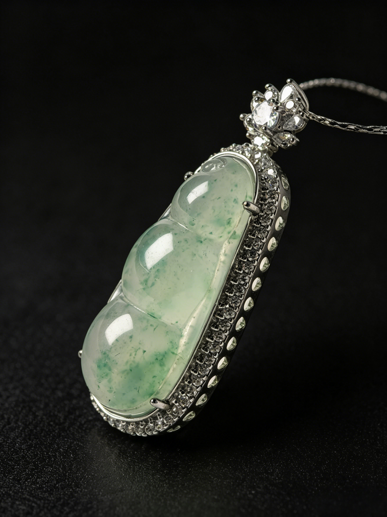 Natural Green Jadeite Pea Pod Pendant - Grade A Burmese Jade Sweet Pea Necklace, Luxury Bow Ribbon Fine Jewelry for Women