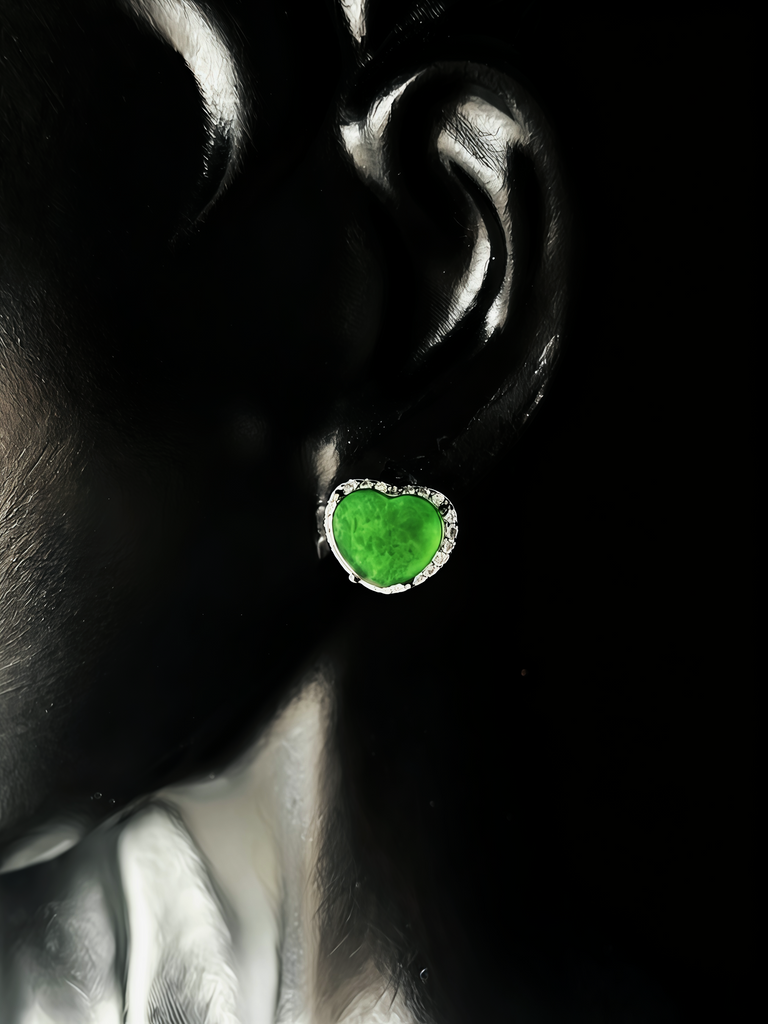 Natural Carved Jadeite Heart Earrings - Grade A Burmese Jade Heart-Shaped Dangle Earrings, Luxury Bow Romantic Fine Jewelry for Women
