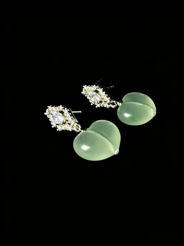 Natural Green Jadeite Peach Earrings - Grade A Burmese Jade Plump Peach Drop Earrings, Cute Luxury Whimsical Fine Jewelry