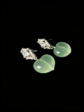 Load image into Gallery viewer, Natural Green Jadeite Peach Earrings - Grade A Burmese Jade Plump Peach Drop Earrings, Cute Luxury Whimsical Fine Jewelry