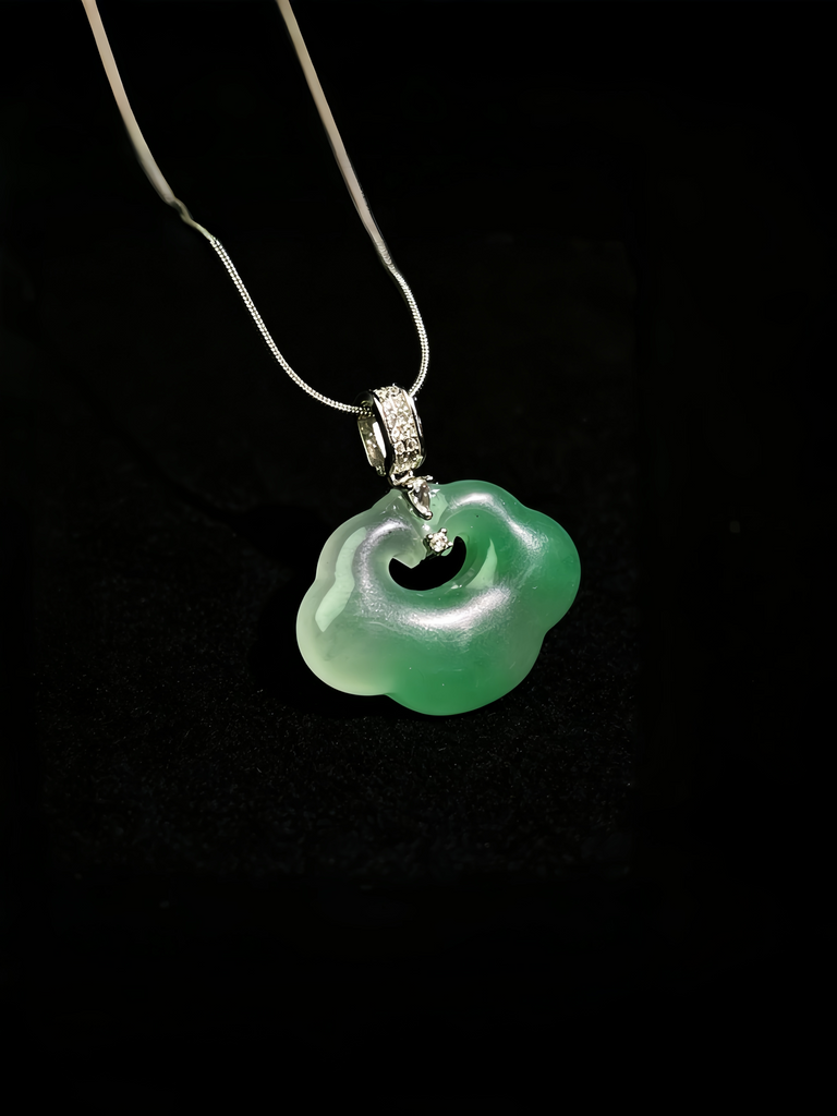 Natural Green Jadeite Auspicious Cloud Pendant - Grade A Burmese Jade Lucky Cloud Necklace, Luxury Ruyi Knot Fine Jewelry for Women