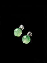 Load image into Gallery viewer, Natural Green Jadeite Linear Drop Earrings - Grade A Burmese Jade Round Bead Dangle Earrings, Luxury Diamond Halo Fine Jewelry for Women