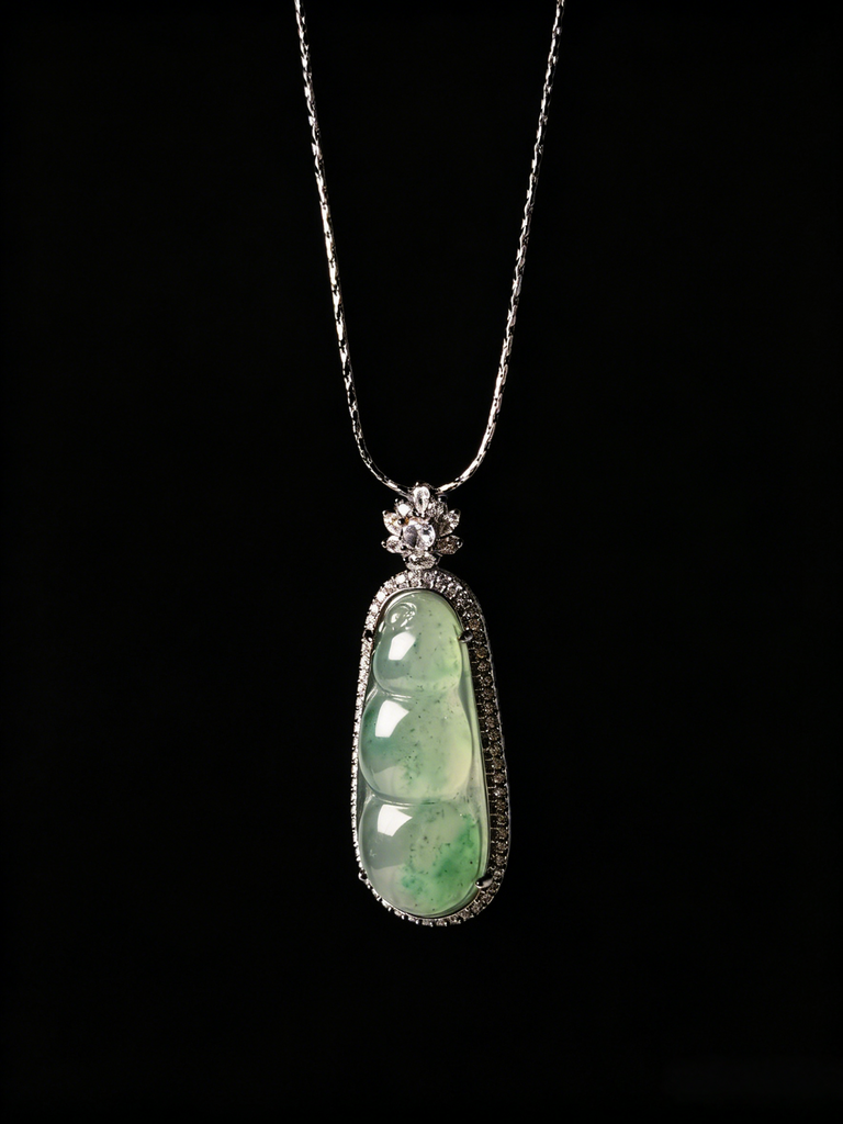 Natural Green Jadeite Pea Pod Pendant - Grade A Burmese Jade Sweet Pea Necklace, Luxury Bow Ribbon Fine Jewelry for Women
