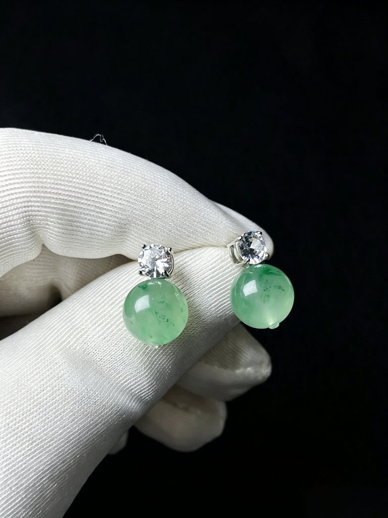 Natural Green Jadeite Linear Drop Earrings - Grade A Burmese Jade Round Bead Dangle Earrings, Luxury Diamond Halo Fine Jewelry for Women