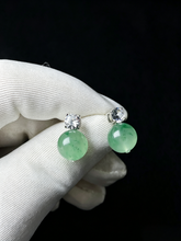 Load image into Gallery viewer, Natural Green Jadeite Linear Drop Earrings - Grade A Burmese Jade Round Bead Dangle Earrings, Luxury Diamond Halo Fine Jewelry for Women