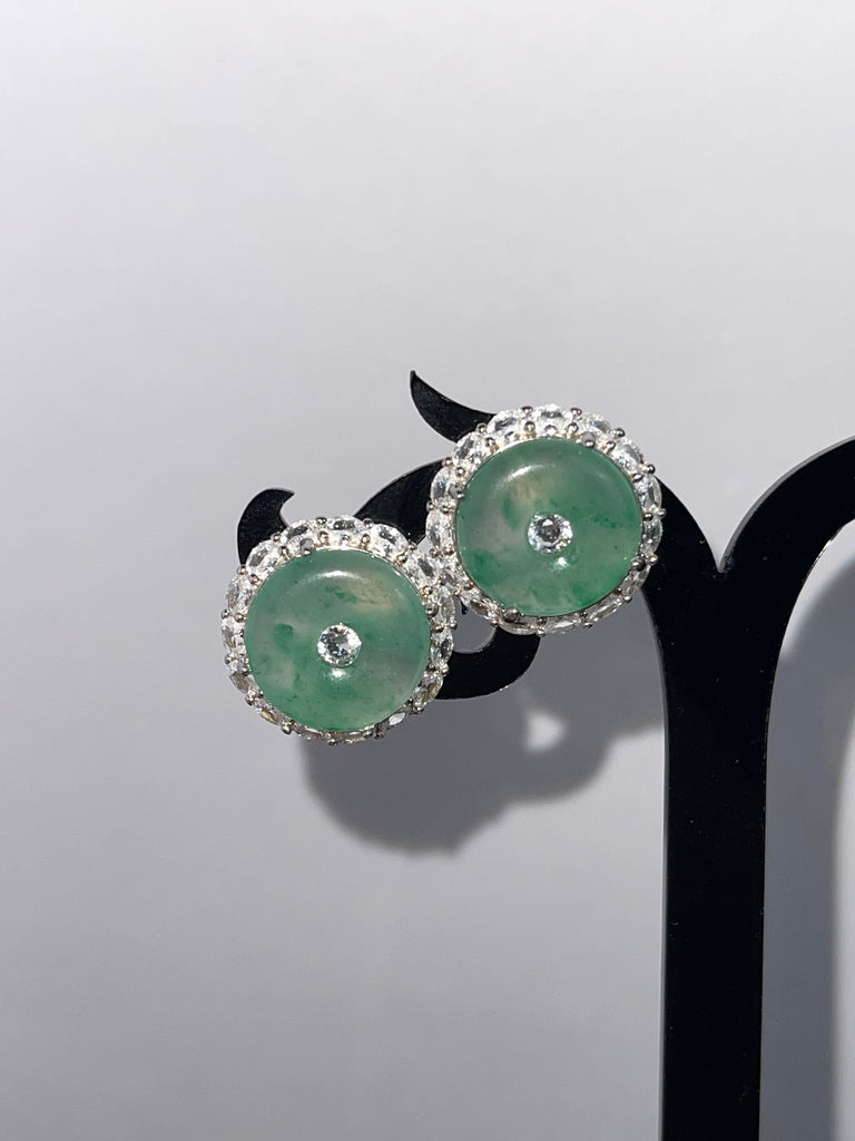 Natural Jadeite Peace Buckle Earrings with Diamond Accents | Luxury Oriental-Inspired Jewelry