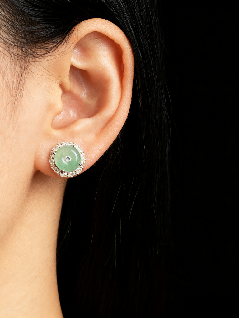 Natural Jadeite Peace Buckle Earrings with Diamond Accents | Luxury Oriental-Inspired Jewelry