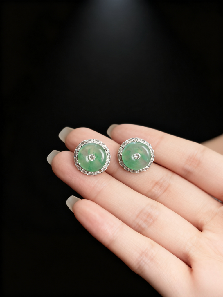 Natural Jadeite Peace Buckle Earrings with Diamond Accents | Luxury Oriental-Inspired Jewelry