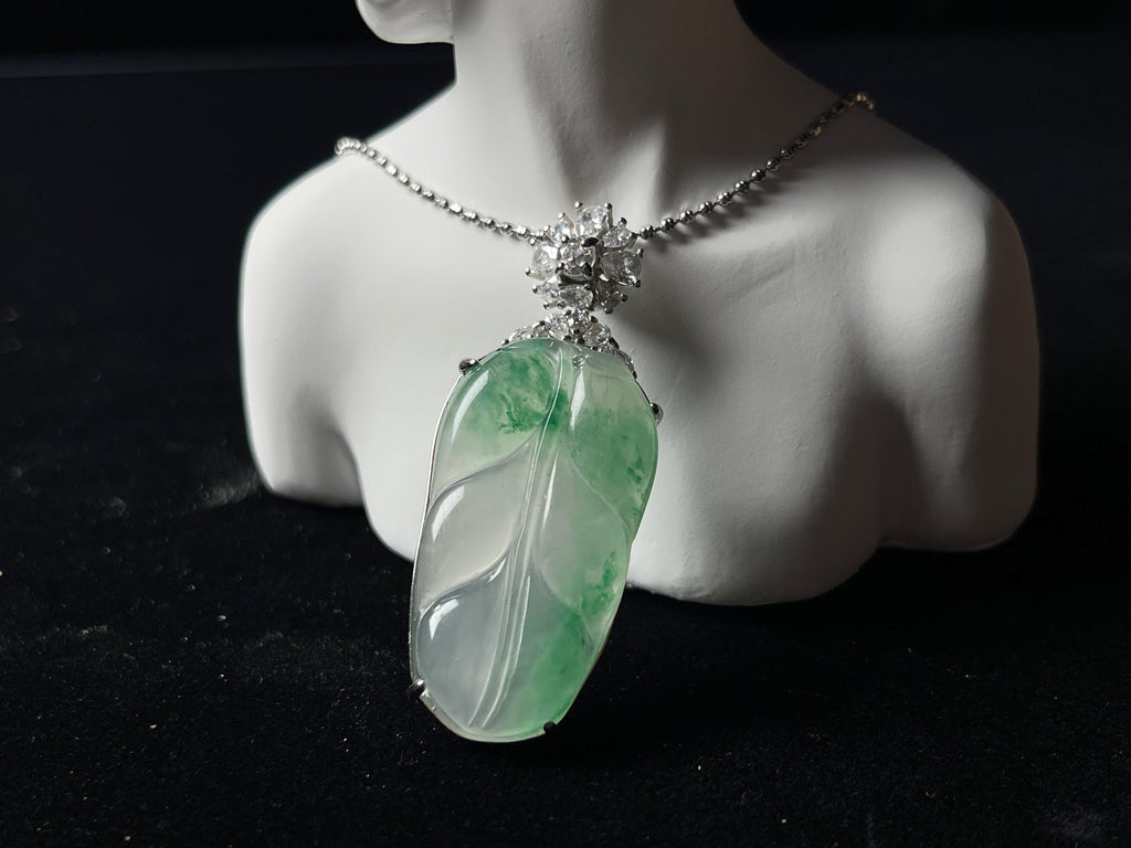 Natural Ice Green Jadeite Leaf Pendant - Grade A Burmese Jade Carved Leaf Necklace, Luxury Fine Jewelry Gift for Her