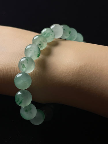 Natural Floating Flower Jadeite Bracelet - Grade A Burmese Jade Round Bead Elastic Bracelet, Unisex Luxury Crystal Energy Jewelry