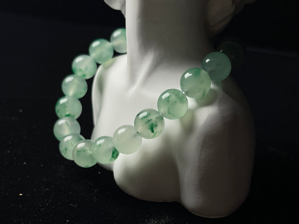 Natural Floating Flower Jadeite Bracelet - Grade A Burmese Jade Round Bead Elastic Bracelet, Unisex Luxury Crystal Energy Jewelry
