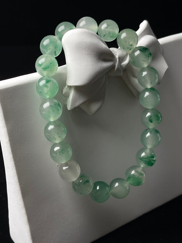 Natural Floating Flower Jadeite Bracelet - Grade A Burmese Jade Round Bead Elastic Bracelet, Unisex Luxury Crystal Energy Jewelry