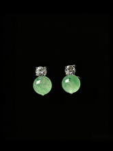 Load image into Gallery viewer, Natural Green Jadeite Linear Drop Earrings - Grade A Burmese Jade Round Bead Dangle Earrings, Luxury Diamond Halo Fine Jewelry for Women